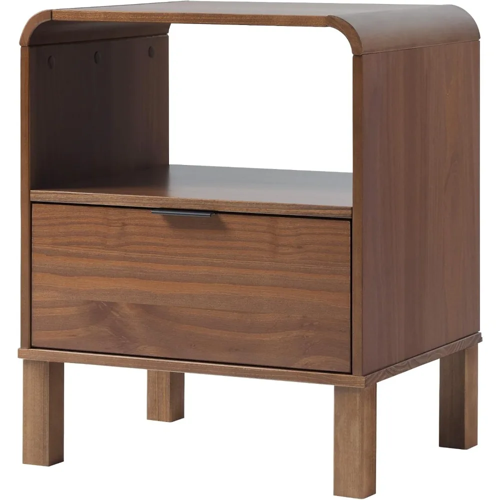 Modern Curved-Top Solid Wood 1-Drawer Nightstand with Open Cubby, 24 Inch, Brown