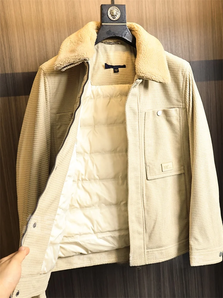 

Men's Corduroy Jacket Pure Color Lamb Fur Collar Wool Filled Cotton Coat Casual Fashion Standard Fit Winter Outerwear