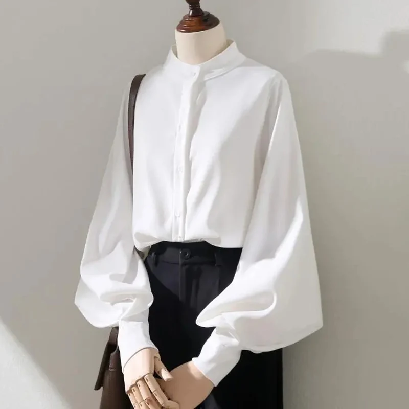 Rimocy Korean Lantern Sleeves White Shirt Women Loose Turn-down Collar Solid Blouses Woman Fashion OL Office Blouse Top Ladies