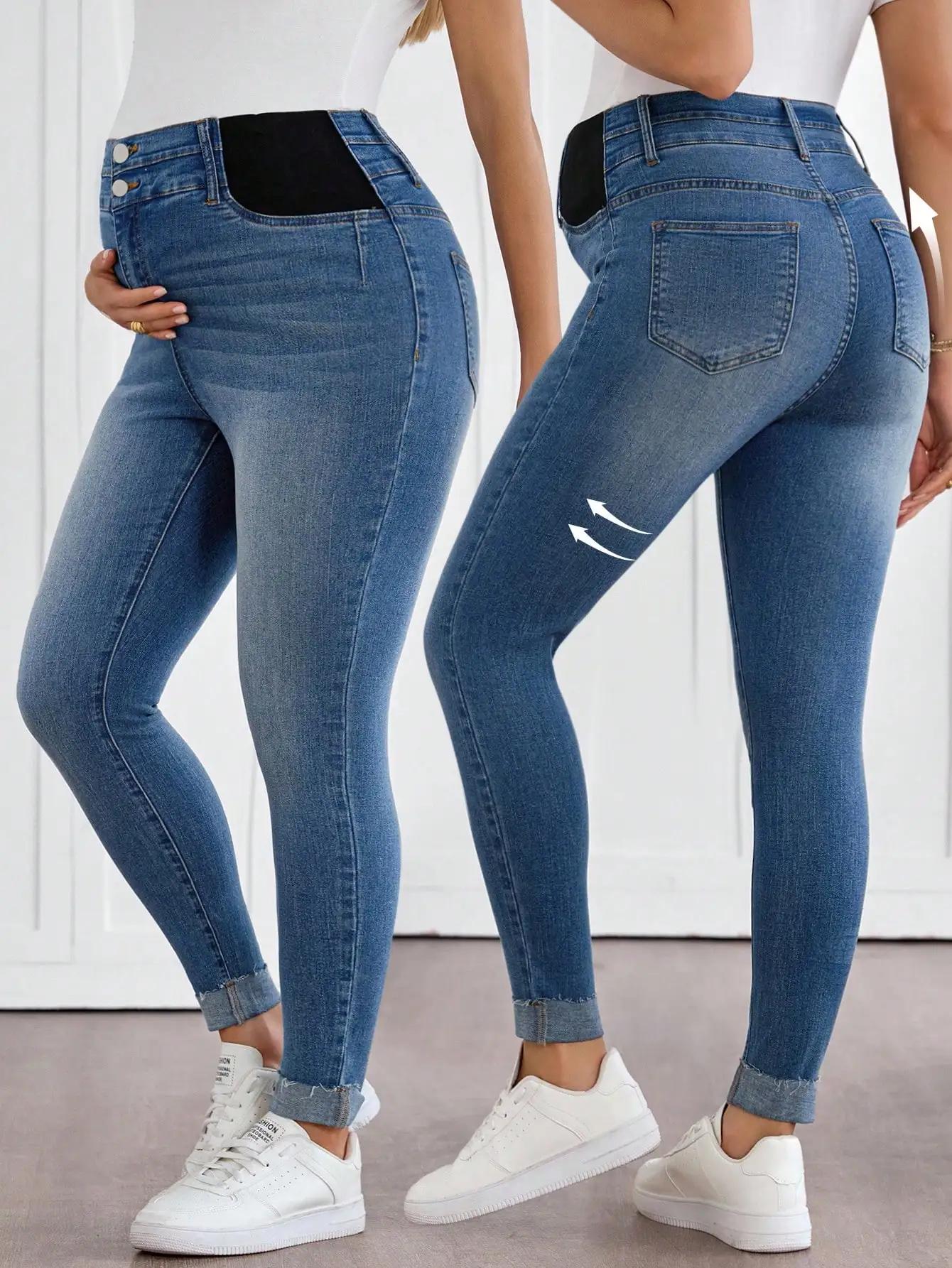 

Джинсы для беременных с высокой талией, зауженные, с двойной застежкой на пуговицы и подвернутым низом, из эластичного денима для повседневной носки и офиса