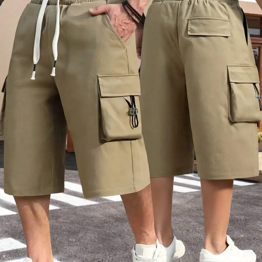 

2pcs Mens Cargo Shorts Summer Casual Elastic Drawstring Waist Outdoor Shorts