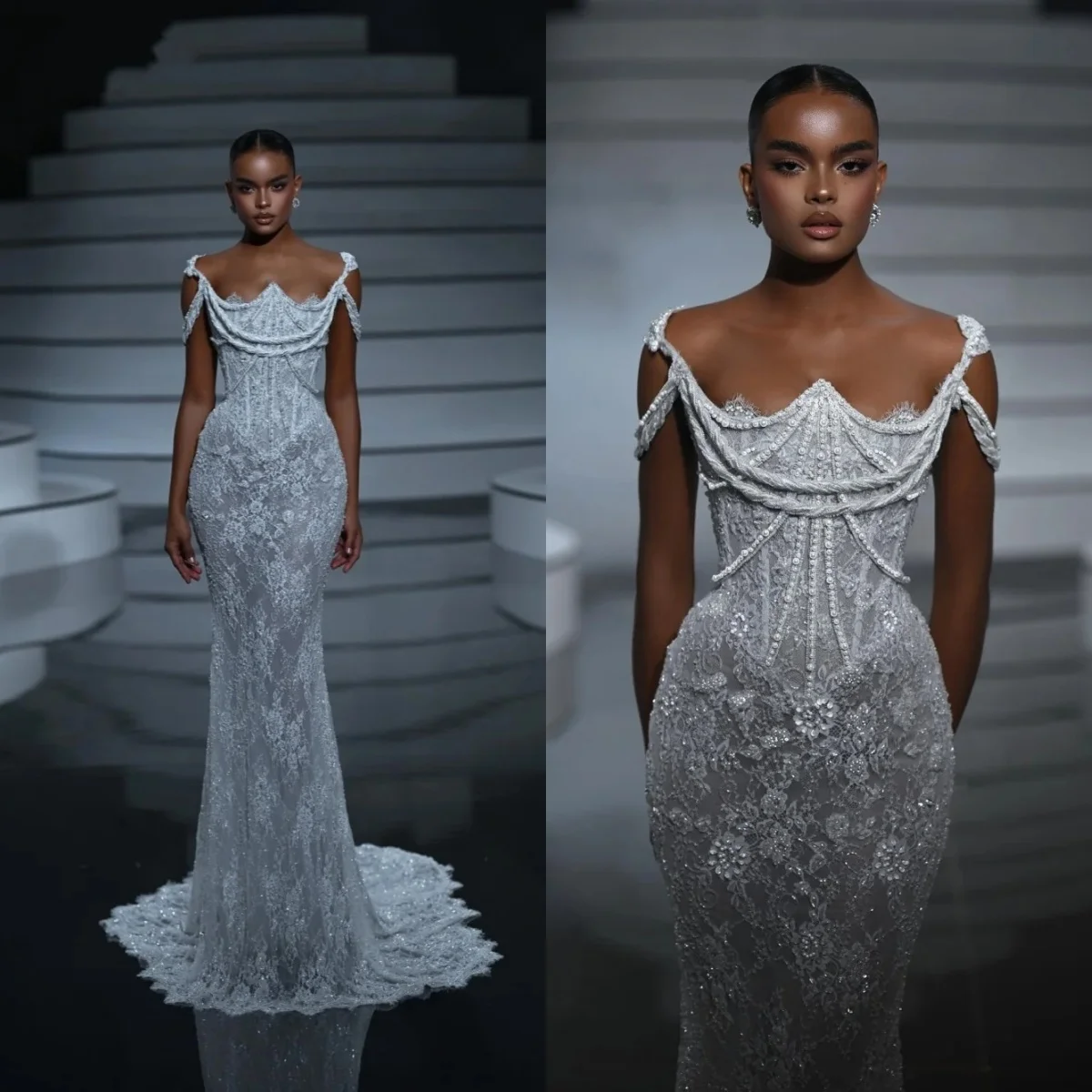 Stilvolle Applikationen Brautkleider Perlen Meerjungfrau Brautkleider Boot Illusion Ärmellos Prinzessin Maßgeschneiderte Vestidos De Novia