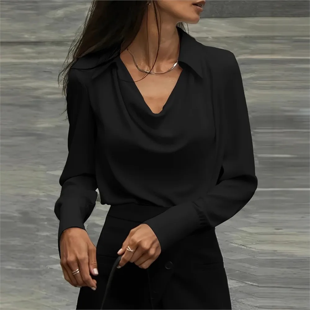 White V Neck Fold-Over Collar Blouse Top Elegant Ladies Business Office Blouse Commuting Leisure for Autumn New Collection