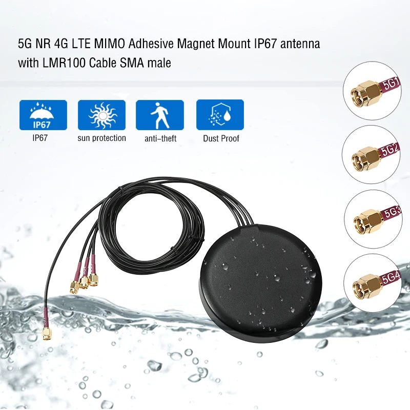 5G NR 4G LTE MIMO Adhesive Magnet Mount IP67 antenna with LMR100 Cable SMA male