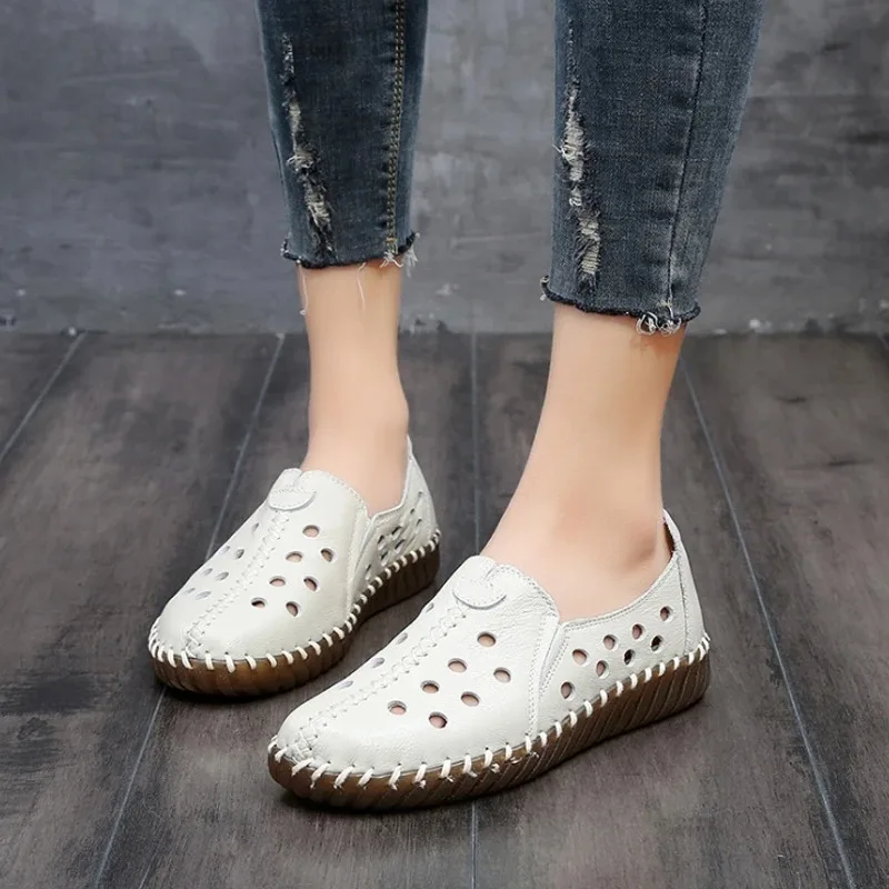 

Long walking comfy flat sandals women's summer hollow out flats ladies genuine leather shoes woman casual stitch holes sandal