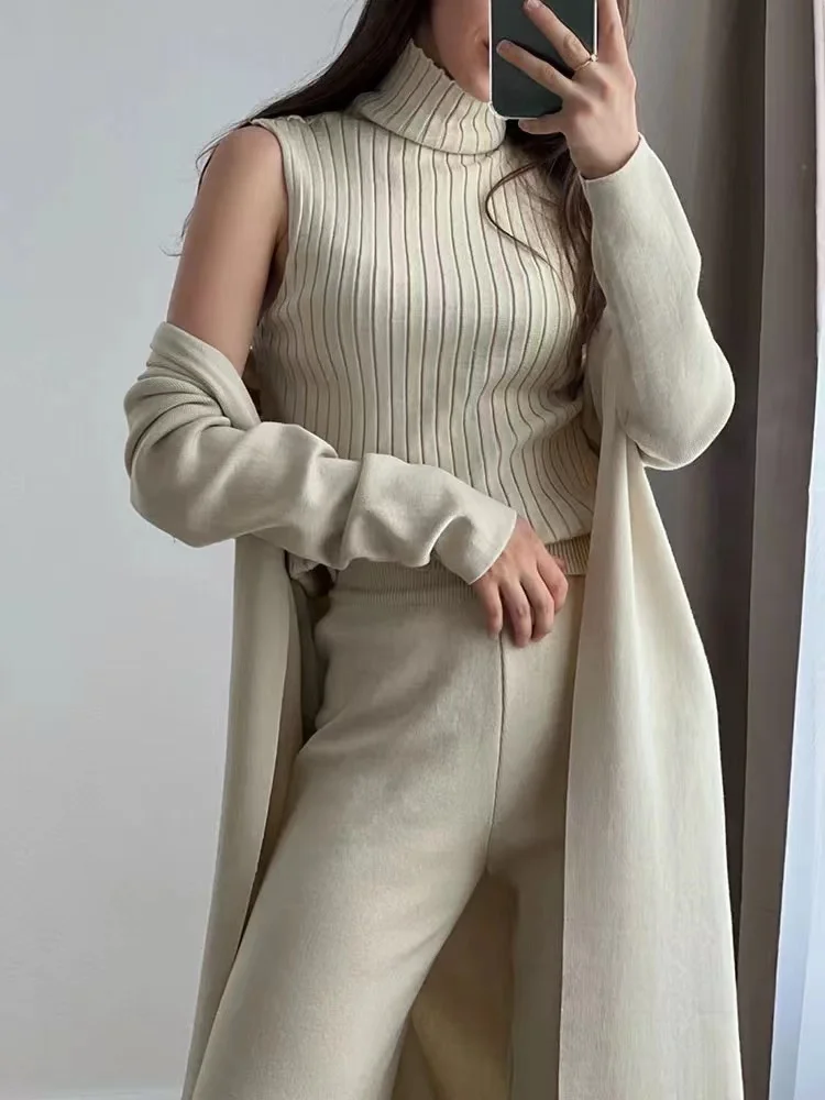 2024 Winter Knitted Half High Collar Pullover Set Women Casual Pant Sets Loose Cardigan Elegant Fashion Spring Autumn New 3 Pcs