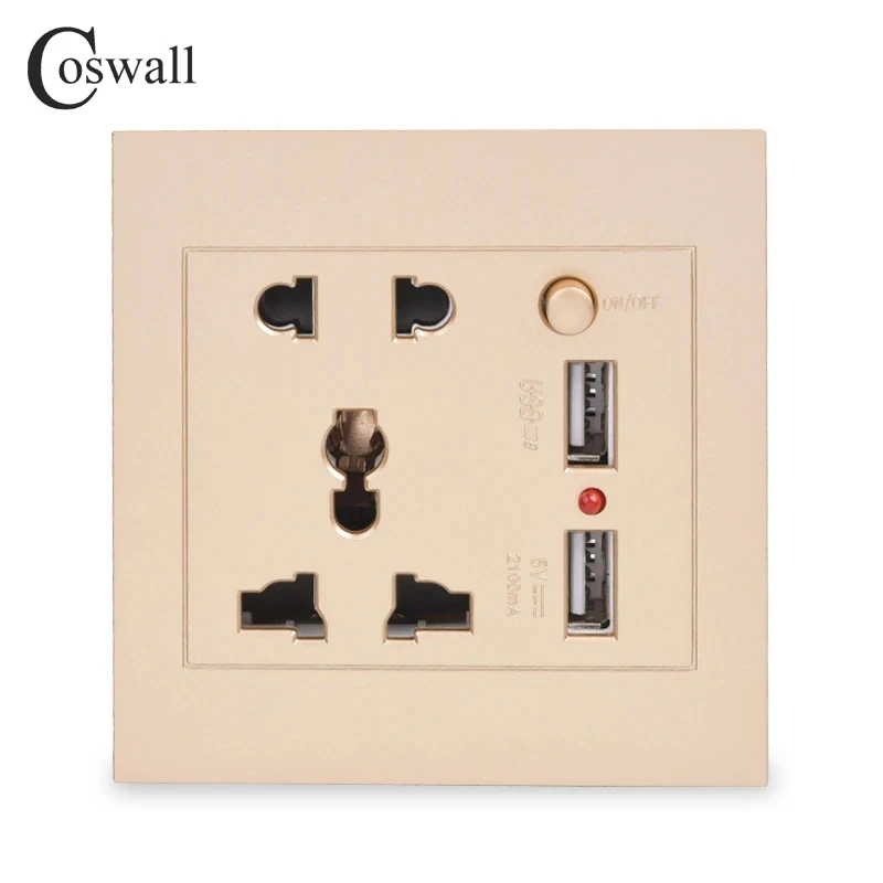 Coswall Wall Power Brazil Socket Plug Universal 5 Hole Electrical Outlet With 2100mA Dual USB Charge Port for Mobile Switched