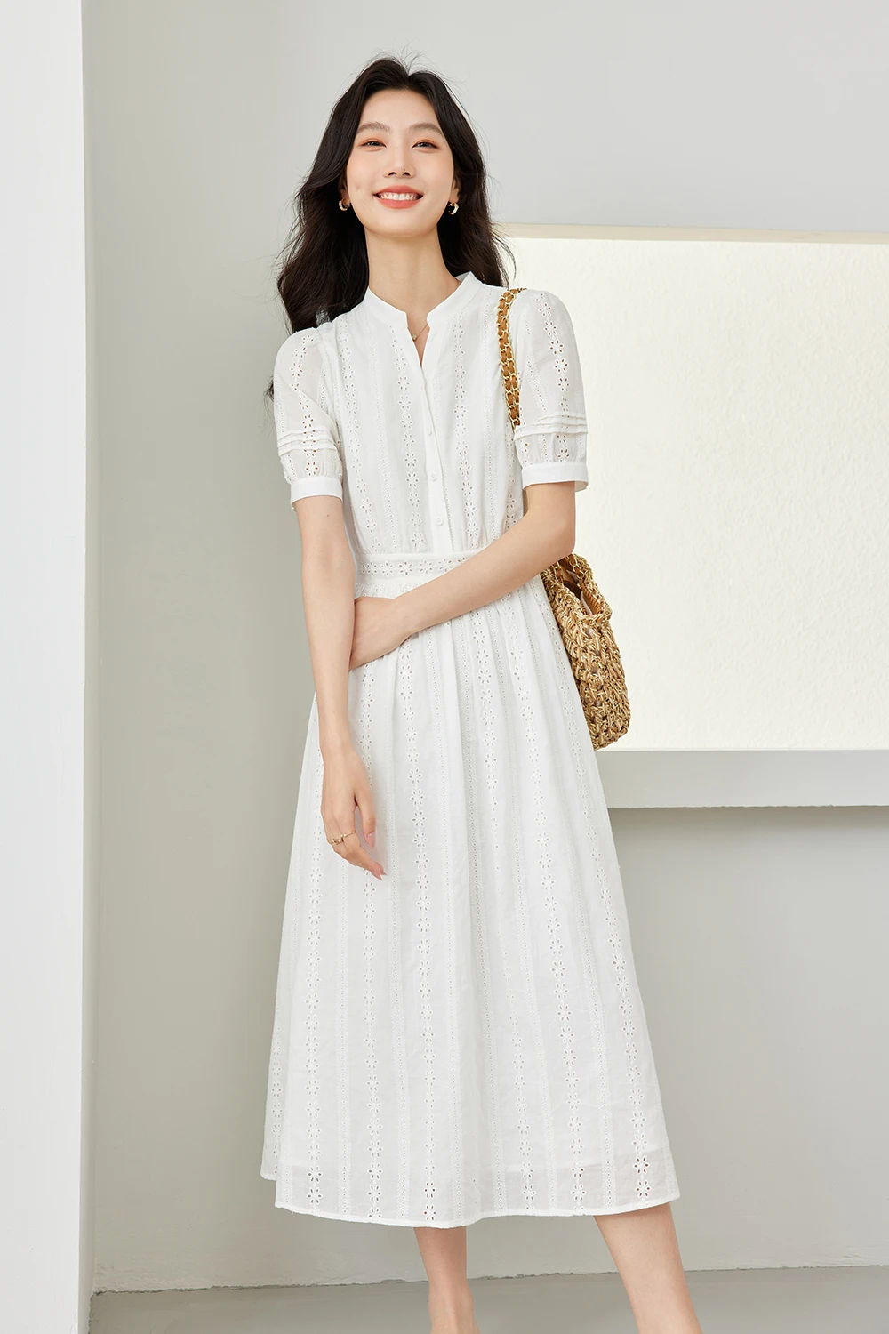 

VIMLY Women's Elegant Commuter Dress Summer Simple Embroidered Short Sleeve Stand-up Collar Waisted A-line Party Evening Dress