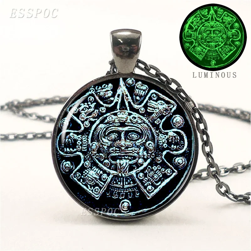 Aztec Jewelry Aztec Calendar Mexican Pendant Luminous Green Glass Cabochon Glow In The Dark Mayan Jewelry Necklace Friends Gift