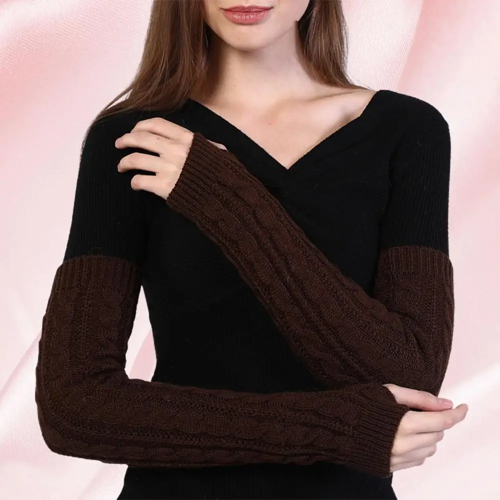 1 Pair 50cm Women Arm Warmer Thumbhole Elbow Length Stretchy Knitted Arm Sleeves Keep Warm Woolen Yarn Gloves Women Accessories