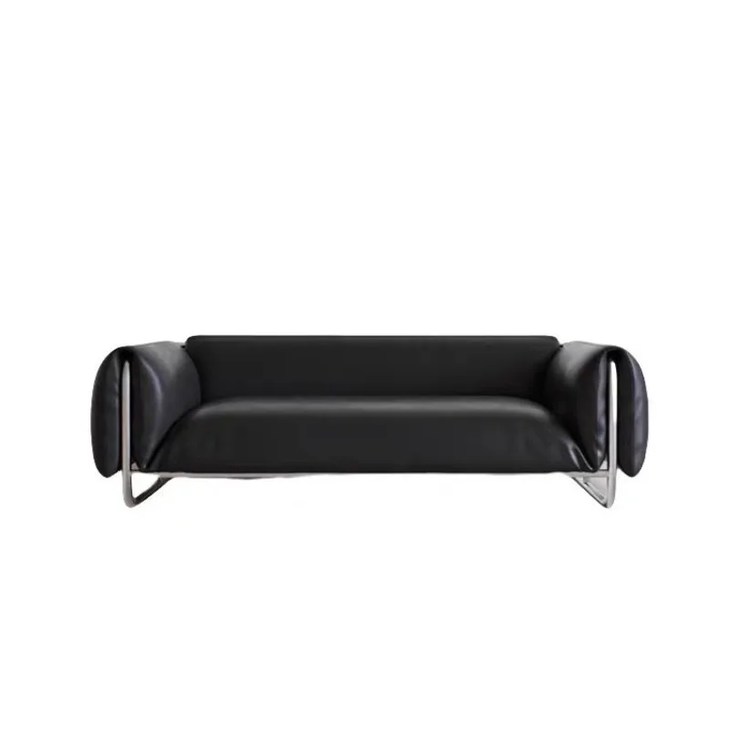 

Retro style black stainless steel sofa Medium antique style light luxury designer three-person leather art living room sofa