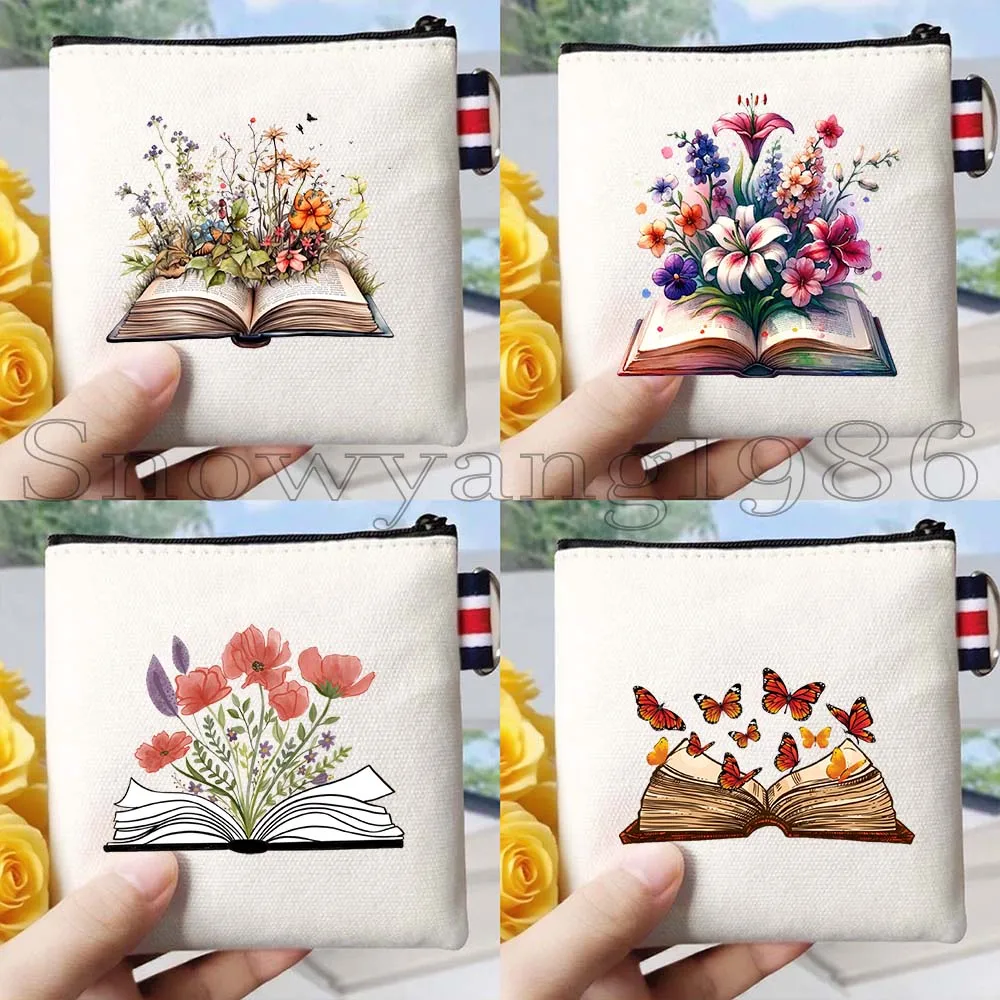 

4PCS Butterflies Flowers Growing From Book Floral Open Book Aesthetic Books Lover Gifts Canvas Key Coin Purse Bag Wallet Pouch