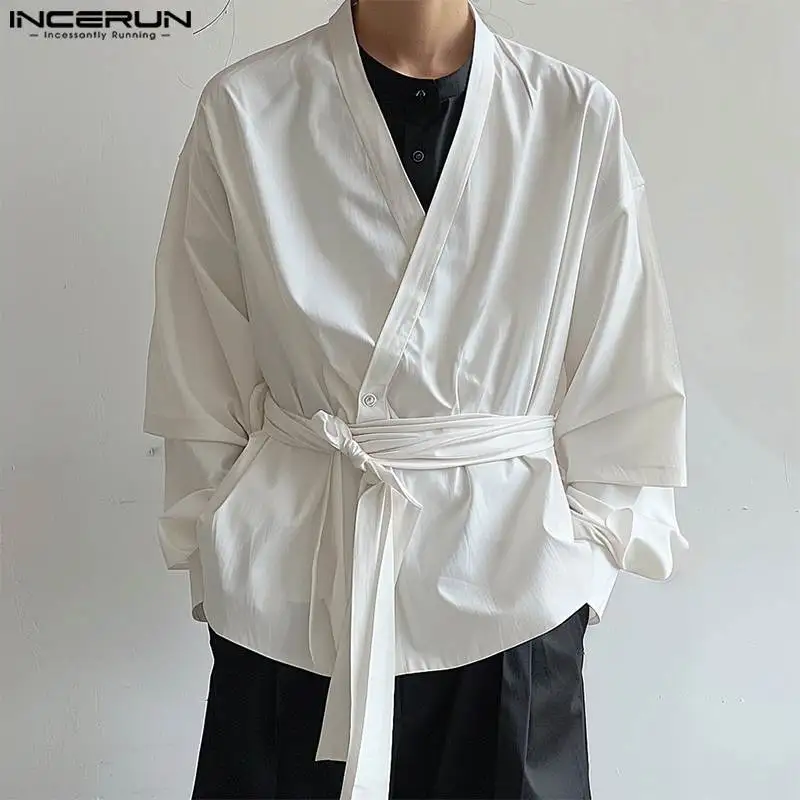INCERUN Autumn Long Sleeve Solid Men Shirts Fashion V Neck Belt Chemise Tops Tee Streetwear Party Men Clothing Oversized S-5XL