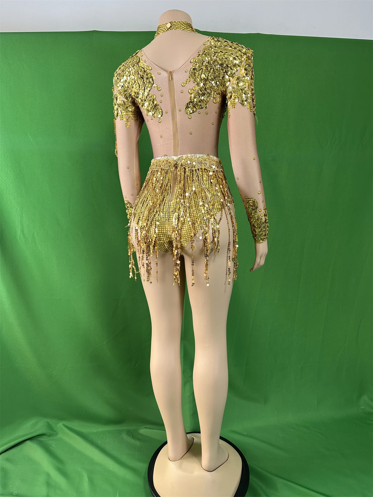 Gold Sparkly Sequin Rhinestones Women 2 Pcs Set Dress Design Birthday Party Performance Cocktail Cheer Body Suits Fringe Costume