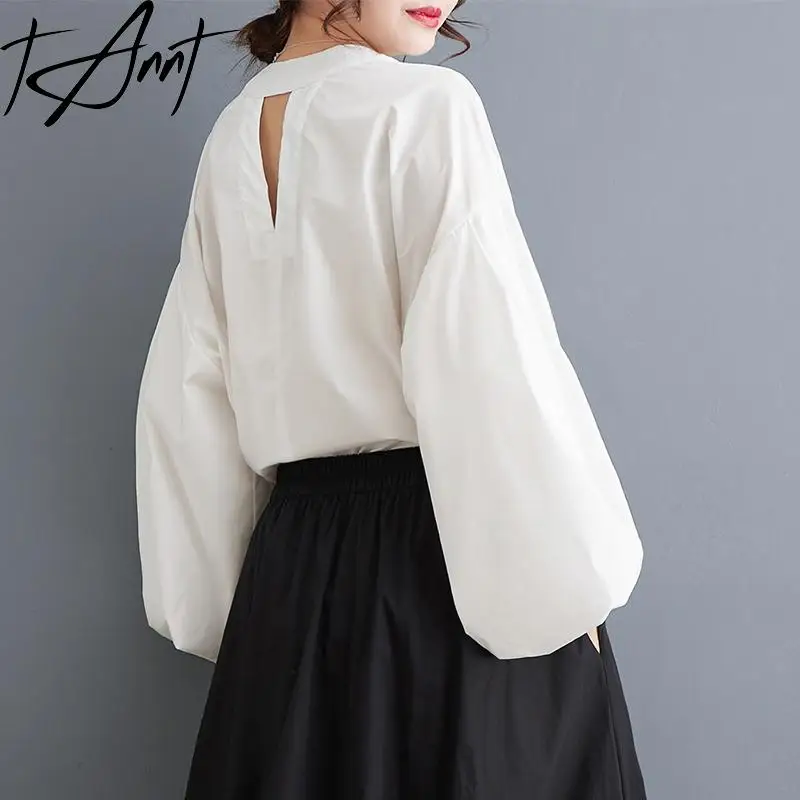 GetSpring Women Shirt 2024 Autumn New O Neck Backless Lantern Sleeve White Black Blouse Fashionable All Match Loose Casual Tops