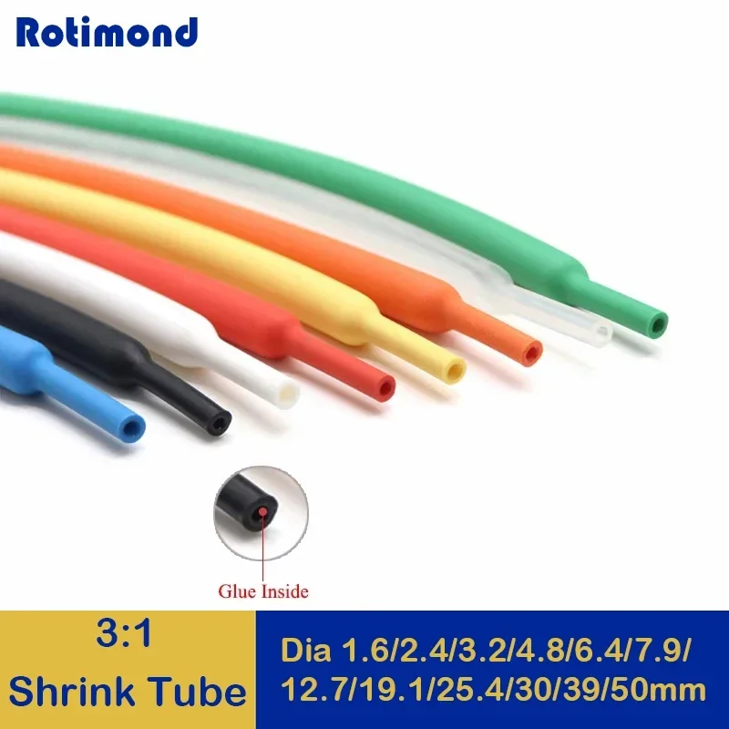 

1/5/10/50/100M 3:1 Heat Shrink Tube dia 1.6/2.4/3.2/4.8/6.4/7.9/9.5/12.7/15.4/19.1/25.4/30/39/50mm With Glue Double Wall Tube