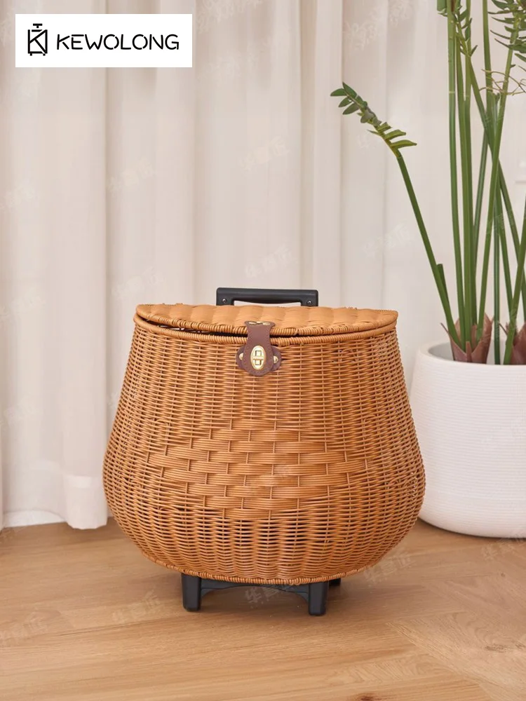 New Flip Top Rolling Picnic Basket, Rattan Style Large Capacity Storage Suitcase with Wheels, Outdoor Grocery Luggage