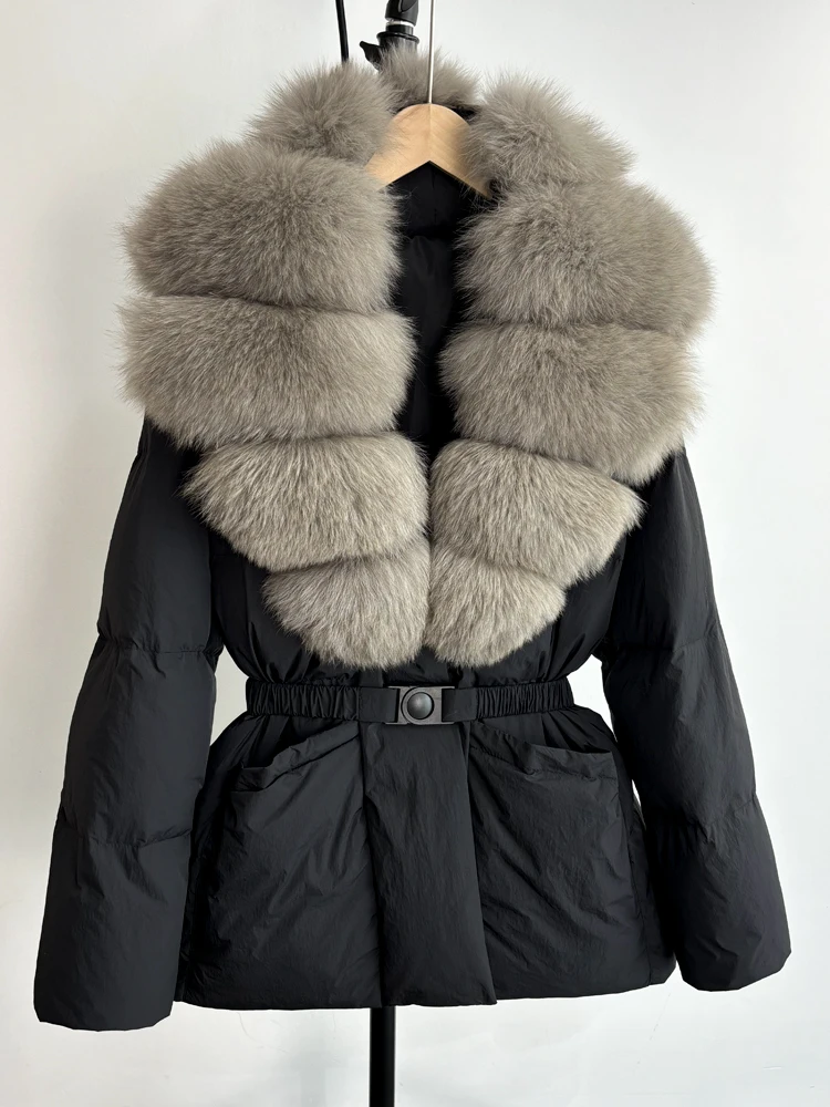 Lagabogy 2025 Large Real Fox Fur Winter Belt Waist-Tight Elegant Warm 90% White Duck Down Jacket Female V-neck Loose Puffer Coat