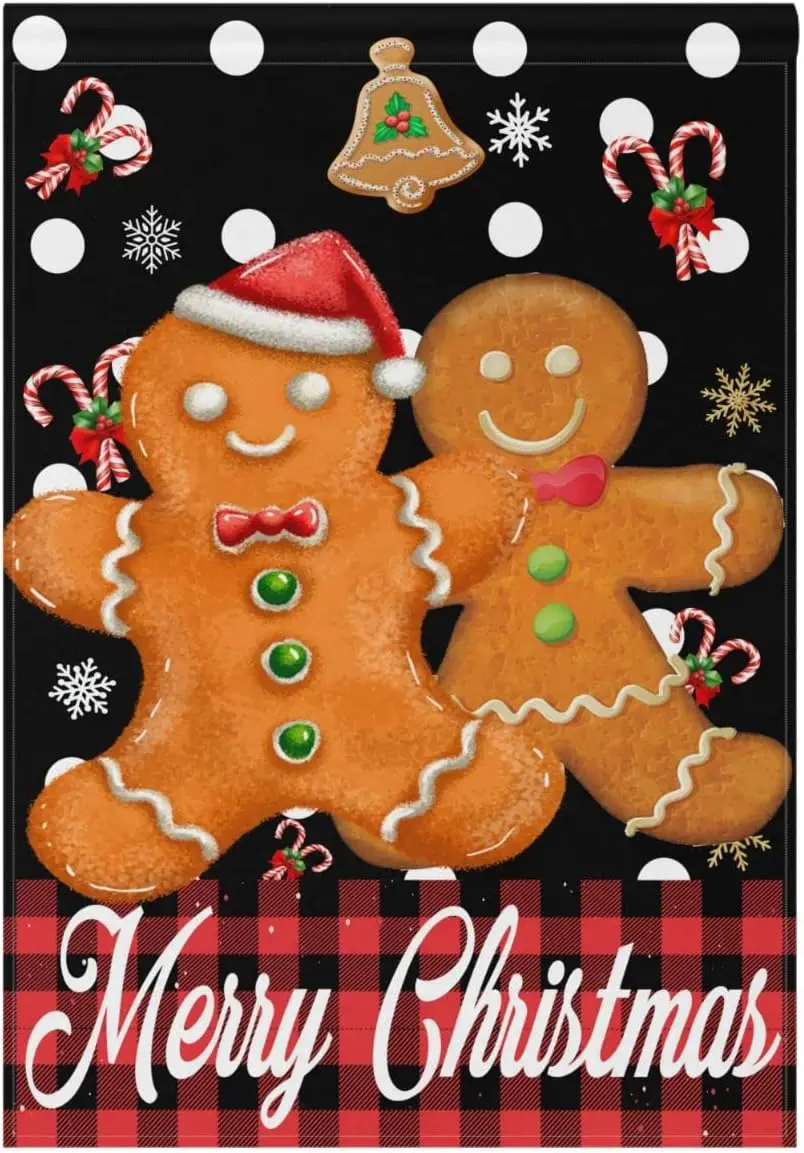 Wamika Merry Christmas Gingerbread Man 28x40 Double Sided Candy Cane Red Buffalo Plaid Garden Flag Snowflake Snowman Outdoor Fla