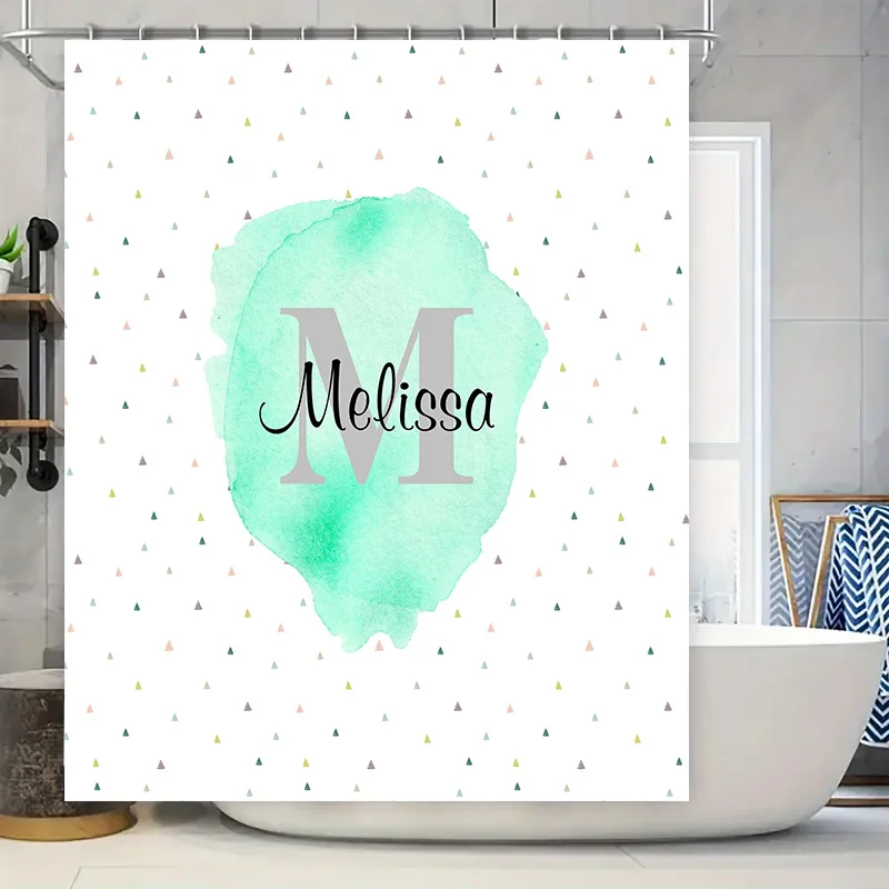 

Kids Personalized Shower Curtain with Triangles Pattern Name Design for Bathroom Decor Mint Green Color (180x180cm)