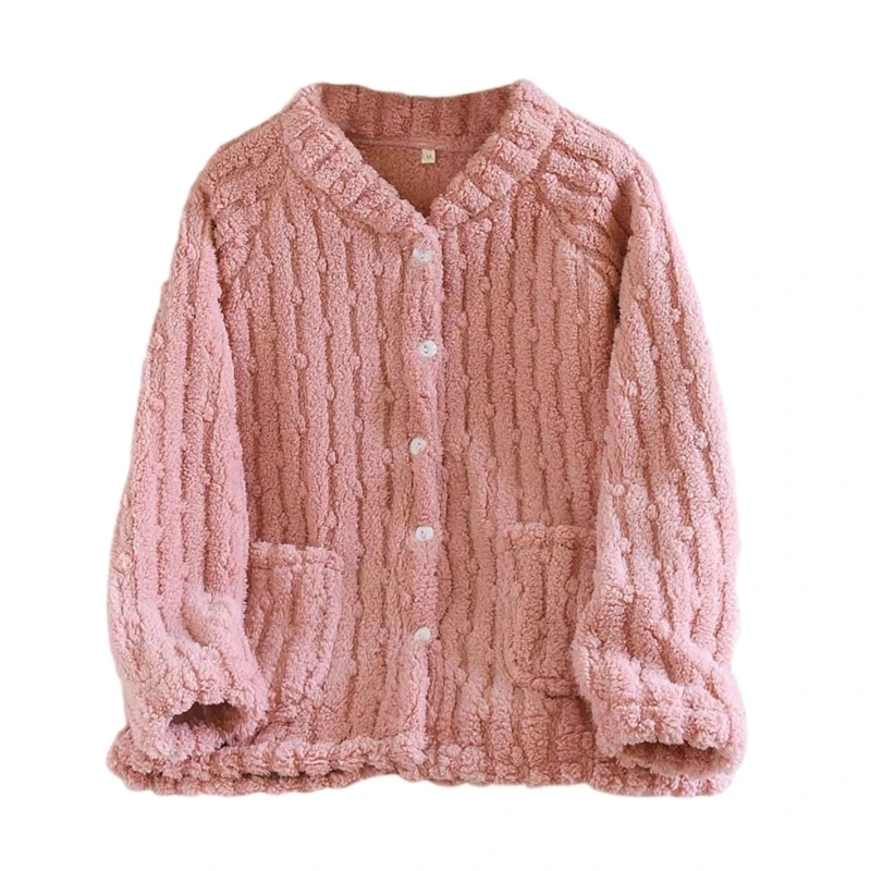 

HX6F Women's vertical striped ball one-piece top simple and comfortable small stand-up collar cardigan home wear