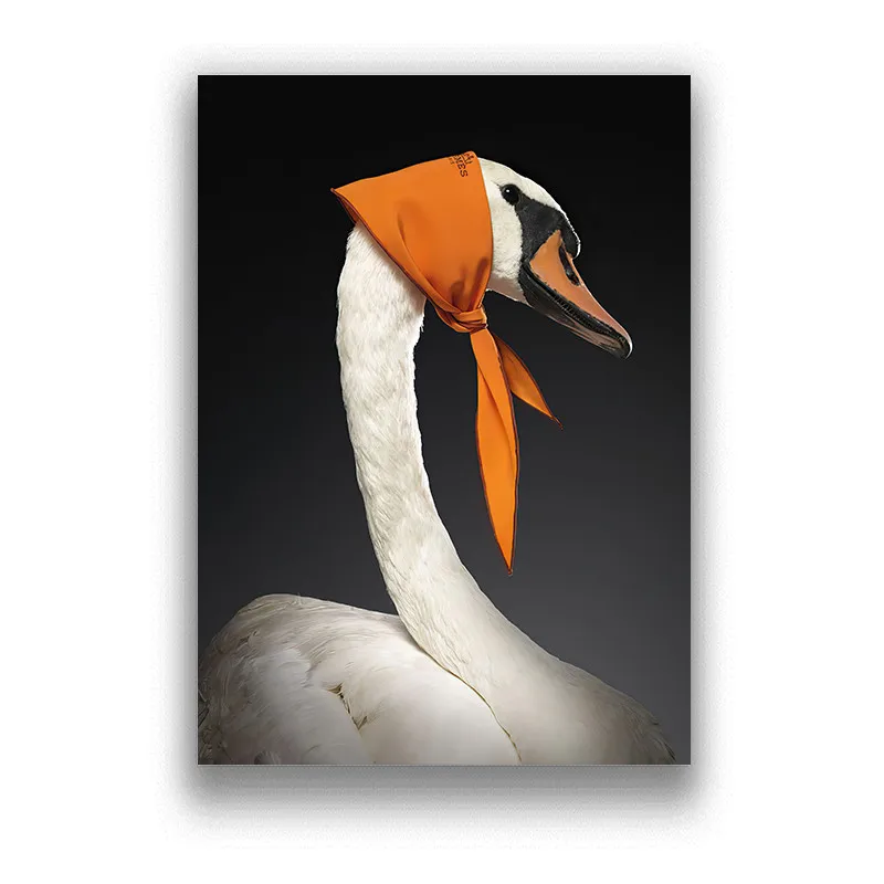 Modern Swan Wearing luxury Head scarf White Coated Paper Posters and Prints Wall Pictures Animal Goose Home Decor