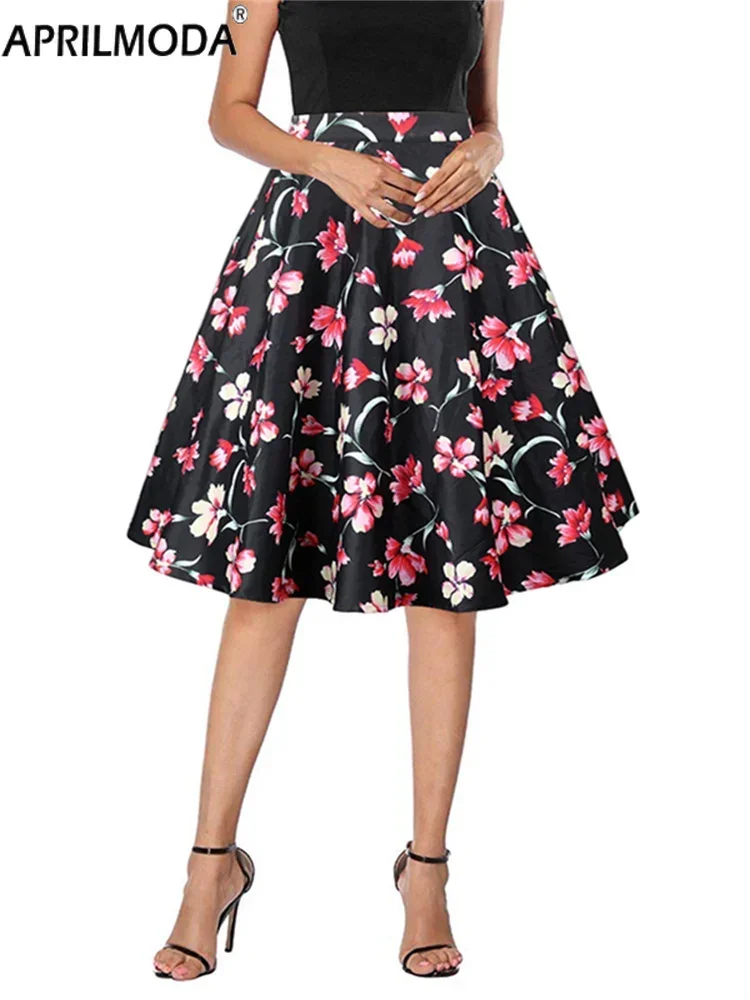 

2024 New Retro Floral Printed Black Women's Skirt High Waist Summer Casual Housewife Party Short Runway Swing Y2K Vintage Skirts