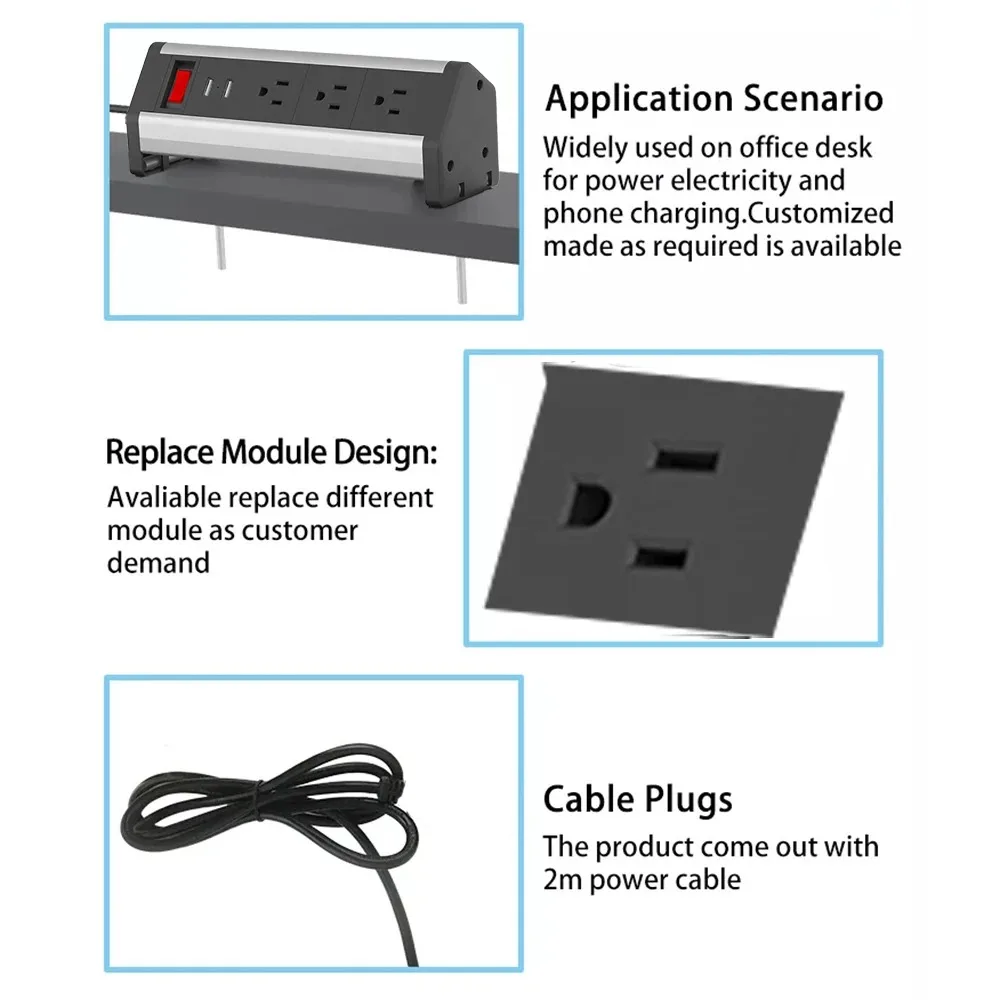 Melery Stand Table Socket US Power Strip Clamp Electrical Plugs Outlets American 3 Ways USB Port for Cabinet Home Office Kitchen