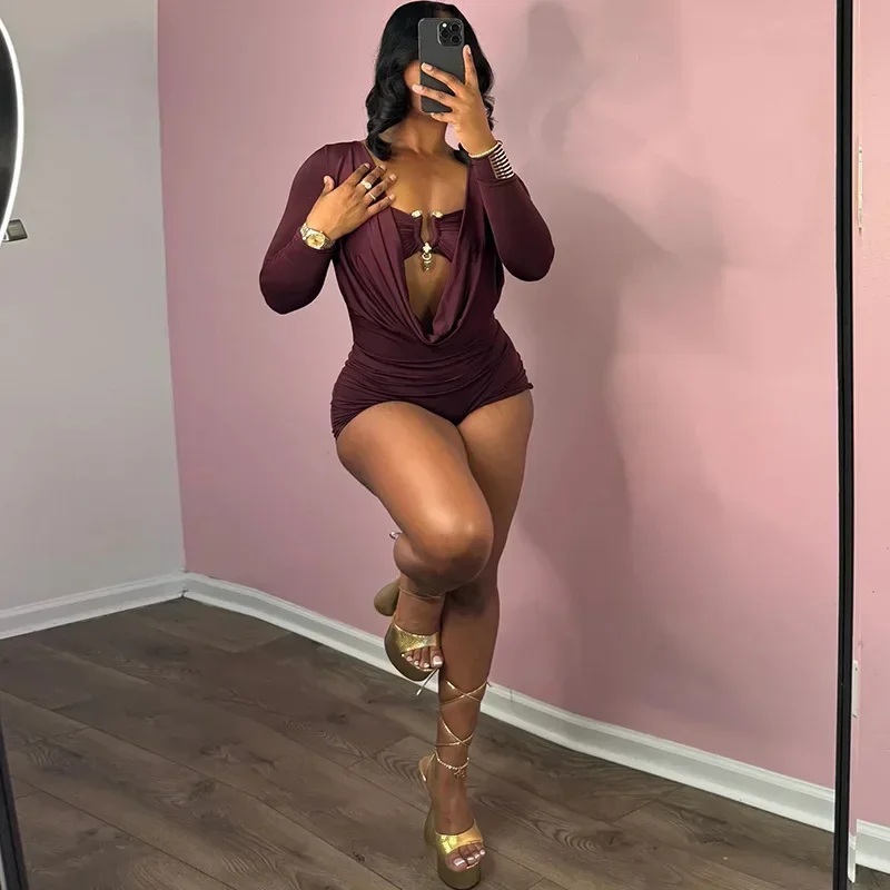 

Узкие комбинезоны с металлическим распашным воротником и длинными рукавами, женские сексуальные комбинезоны без бретелек, тонкие повседневные уличные комбинезоны, комбинезон