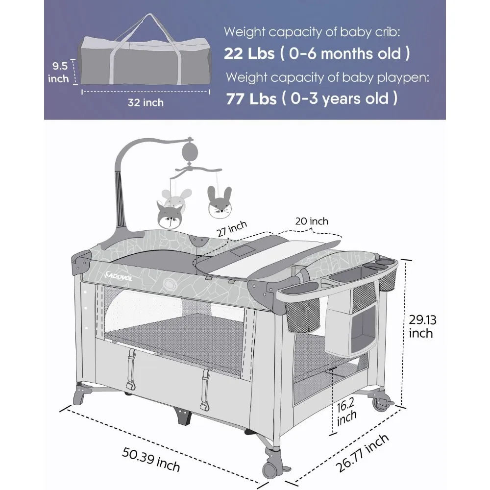 Cuna de cama para bebé, cuna, paquete y juego con colchón, cambiador de pañales y Playards de recién nacido a niños pequeños, gris