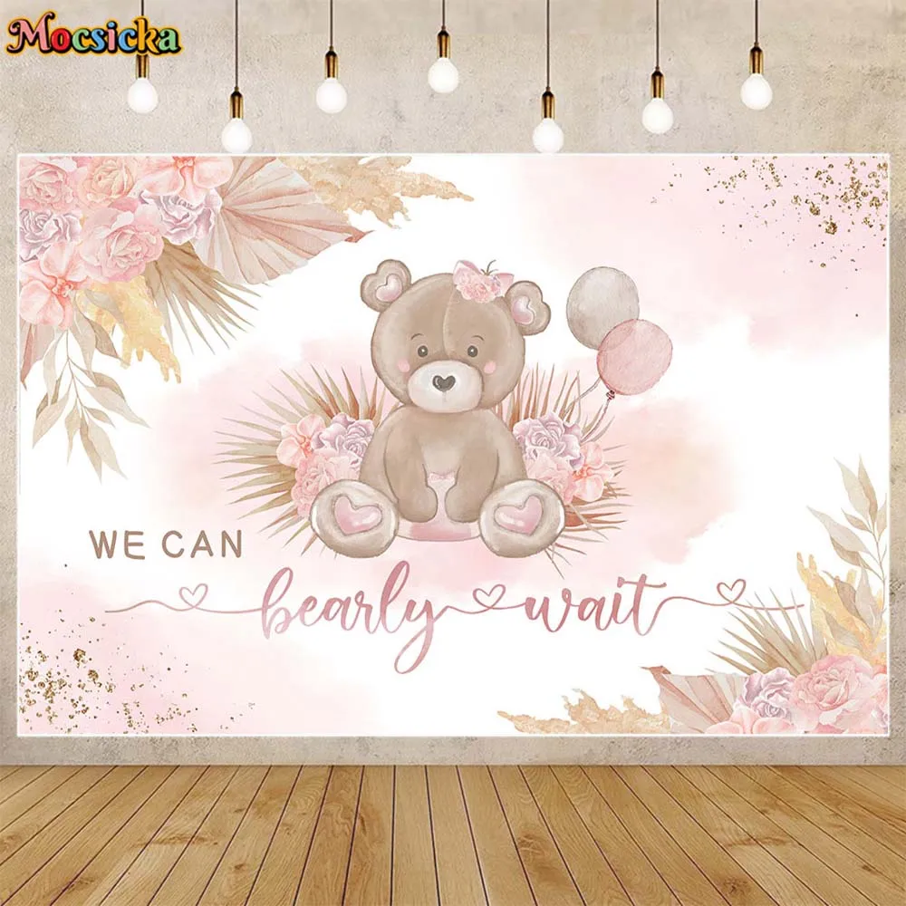 

Mocsicka Pink Bear Baby Shower Backdrop We Can Bearly Wait Girl Welcome Party Decor Bohemian Newborn Photo Background Photoshoot