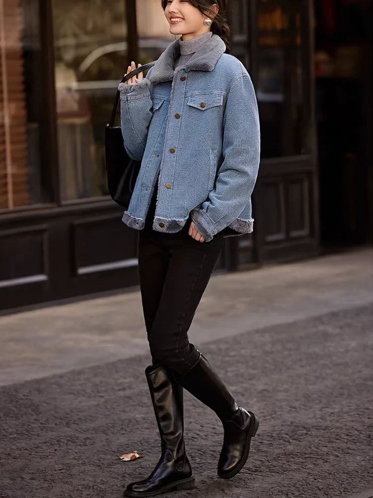 

Джинсовое пальто, черное сексуальное меховое плюшевое женское осеннее свободное платье, элегантный академический стиль, современный профессиональный анти-запах, сохранение тепла Y2K