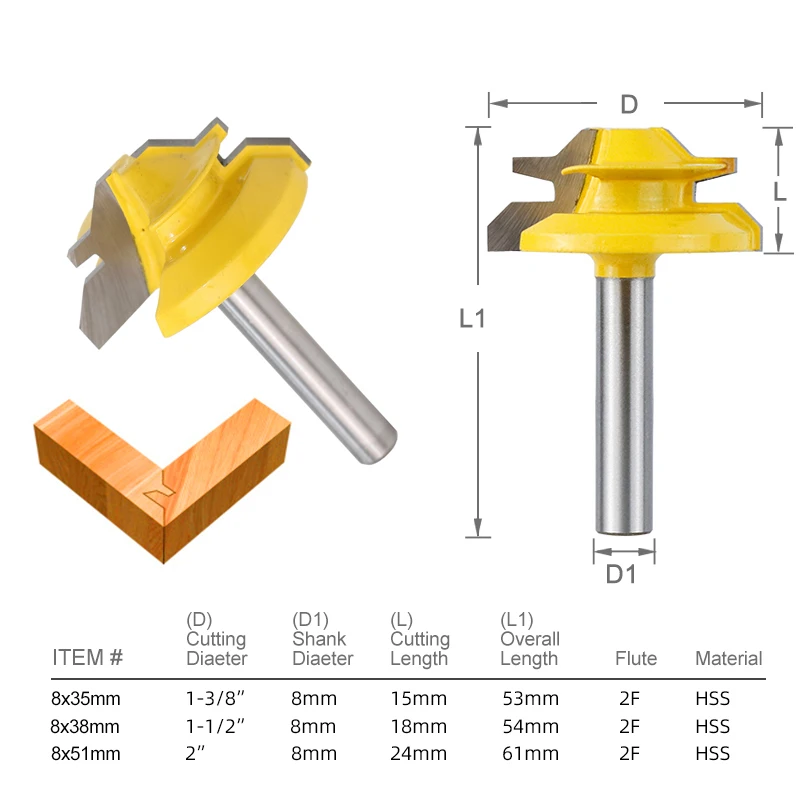 XCAN 45 Degree Lock Miter Router Bit Tenon Router Bit 8mm Shank For Woodworking Tools Carbide Router Bits Wood Milling Cutter