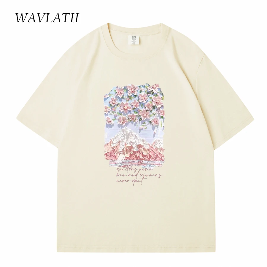 WAVLATII Women 100% Cottom Summer T shirts Female Lavender Streetwear Printed Tees Lady Green Casual Short Sleeve Tops WT2328