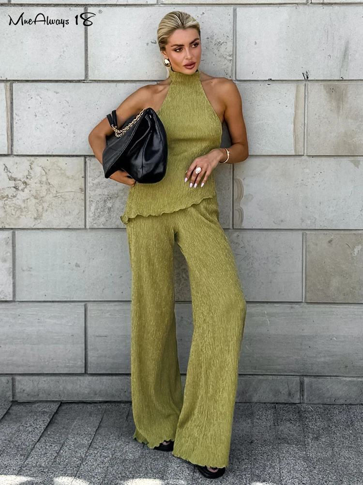 Mnealways18 Green Pleated Halter Neck Vest And Wide Legs Pants Two Pieces Sets Spring Summer 2025 Vacation Casual Outfits Ladies