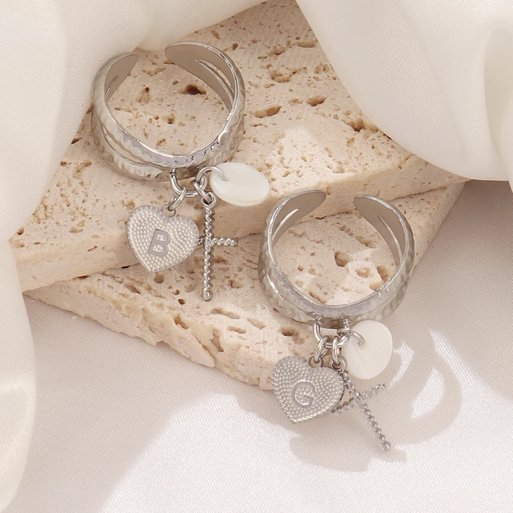 316L الفولاذ المقاوم للصدأ خاتم الرسالة الأولية للنساء 26 A-Z رسالة الصليب قلادة خواتم مفتوحة فام مجوهرات #5