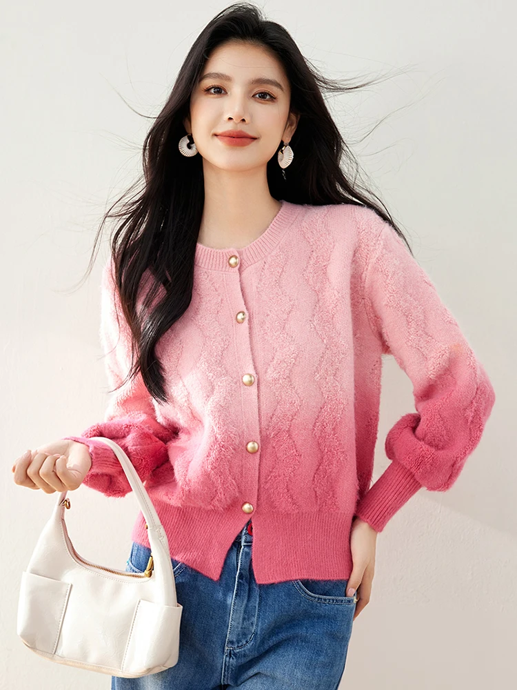 Gradient Color Knitted Cardigan Women 2024 Autumn Winter Korean Style Sweet Sweater Jacket Casual Versatile Top