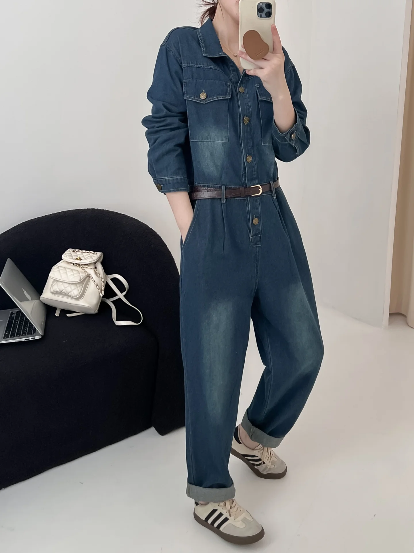 Overol de Mezclilla para Mujer, Primavera-Otoño 2025, Ajustado a la Cintura, Informal, de una Pieza, Ropa de Trabajo, Pantalones Largos, Cintura Alta, Mezcla de Algodón