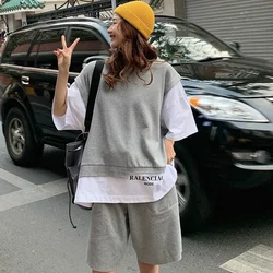 DAYIFUN Fake Two Pieces Tracksuits Women Oversize T Shirt Sporting Short Pants Monochromatic Streetwear Sweat Sets Summer Outfit