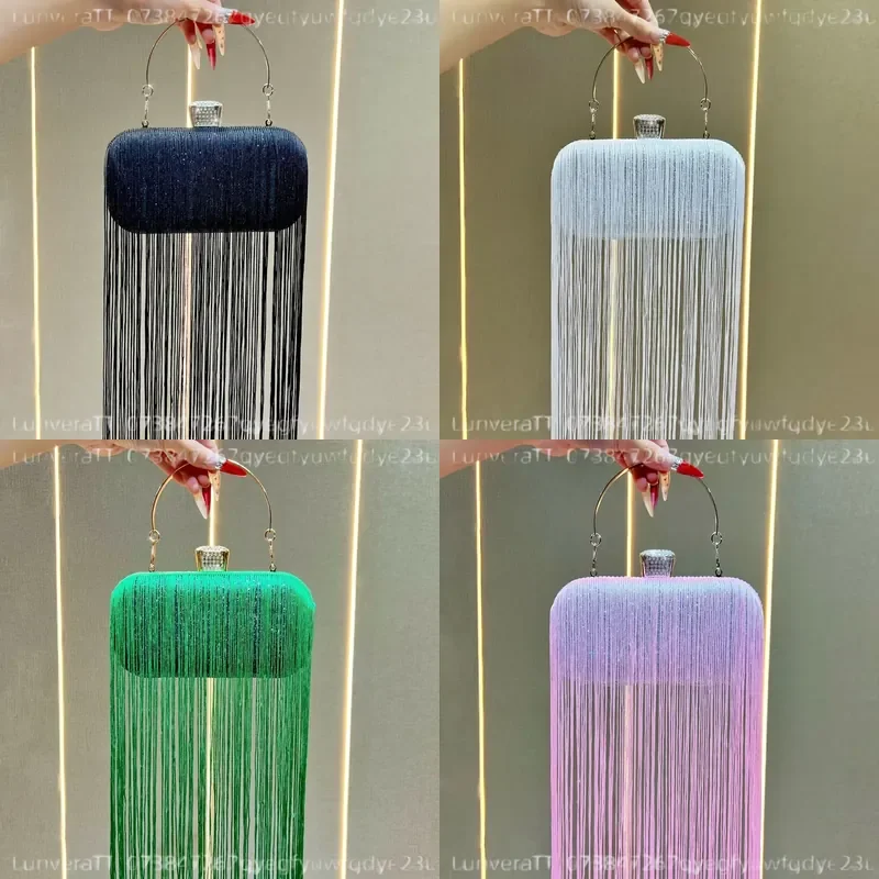 Women Metal Frame Handbag Pearl Strap Shoulder Bag Long Tassel Fringe Purse Ladies Daily Trendy Top Handle Clutch