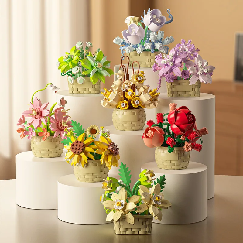 

Flower Room Decor Puzzle Micro Bricks Flowers Basket Lifelike Sunflower Rose Lily Flower Basket Building Block Model Toy