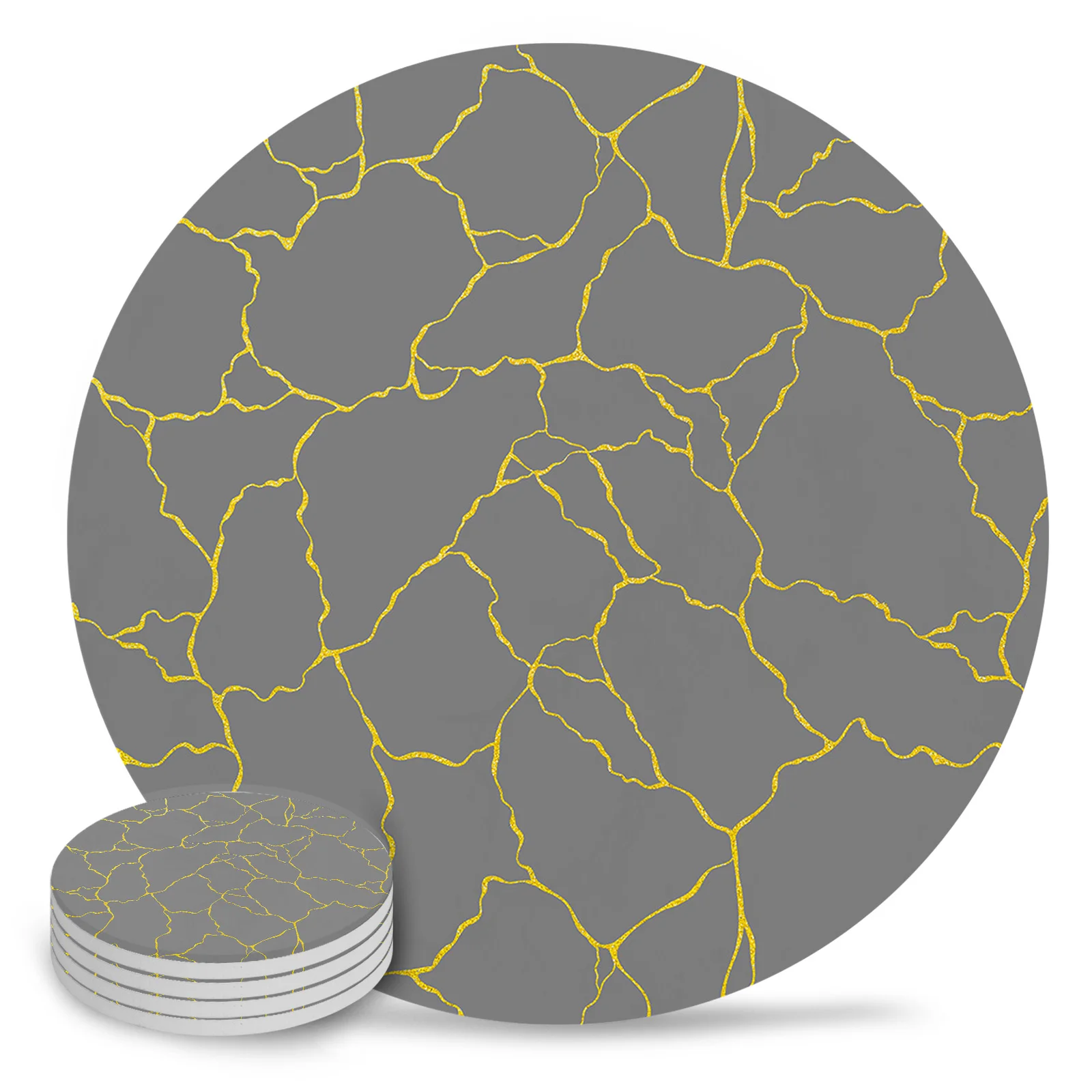 Gray Texture Golden Geometric Lines Ceramic Coaster Set Coffee Tea Cup Coasters Kitchen Accessories Round Placemat