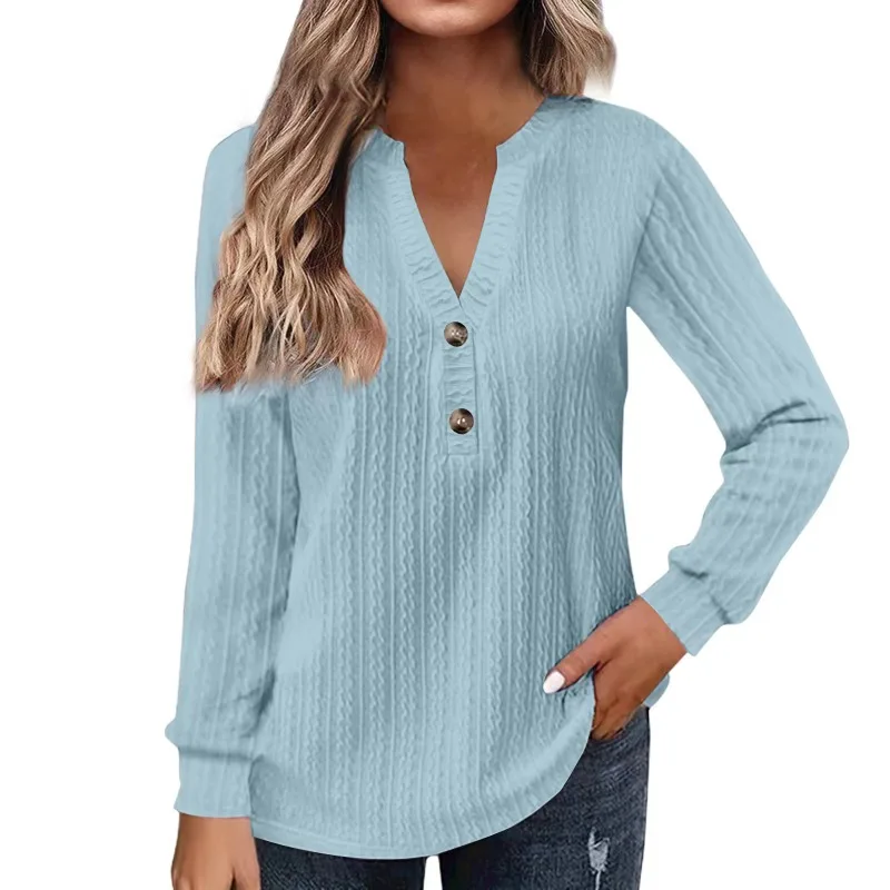 Primavera 2025 nueva colección de ropa de mujer cómoda camiseta de manga larga con cuello en V cepillado y arrugado y Top arrugado