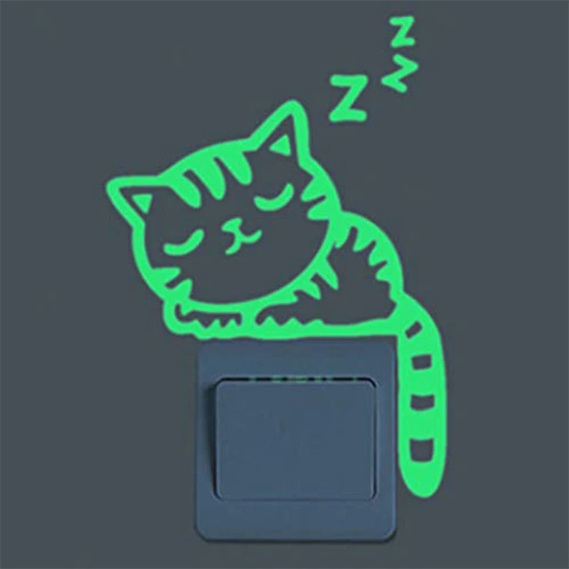 2PCS Luminous Light Switch Decals Glow in The Dark Sleepy Cat Animal Pattern Wall Stickers Light Switch Decor Art Mural Paste