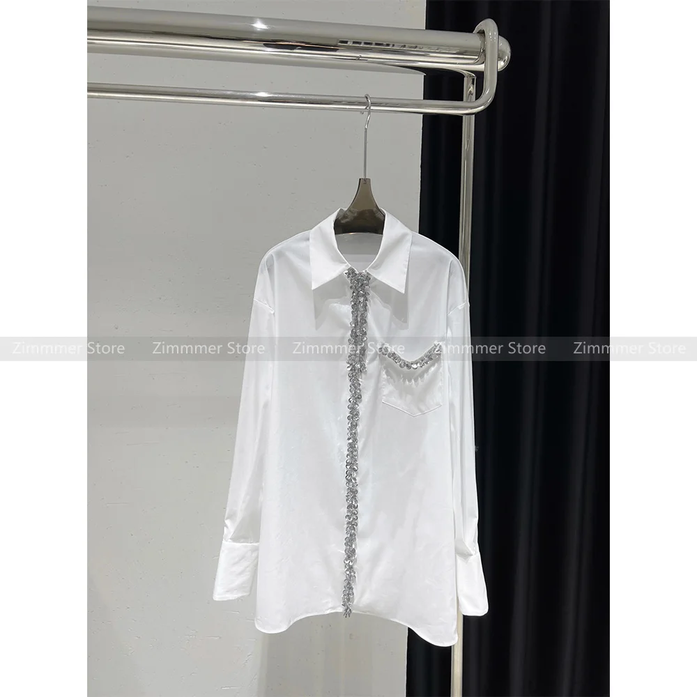 Niche design lazy temperament advanced flower sequins stitching long sleeve loose white shirt top