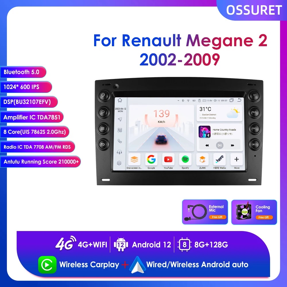 

For Renault Megane 2 2002 - 2009 Android 12 Wireless Carplay 2 Din Radio Car Multimedia Player 7" Stereo GPS Navi BT RDS DSP SWC