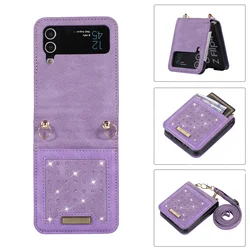 Crossbody Lanyard Cards Solt Wallet Leather Case for Samsung Galaxy Z Flip 6 5 4 3 Flip4 5G Anti-knock Cover Bling Holder Bag