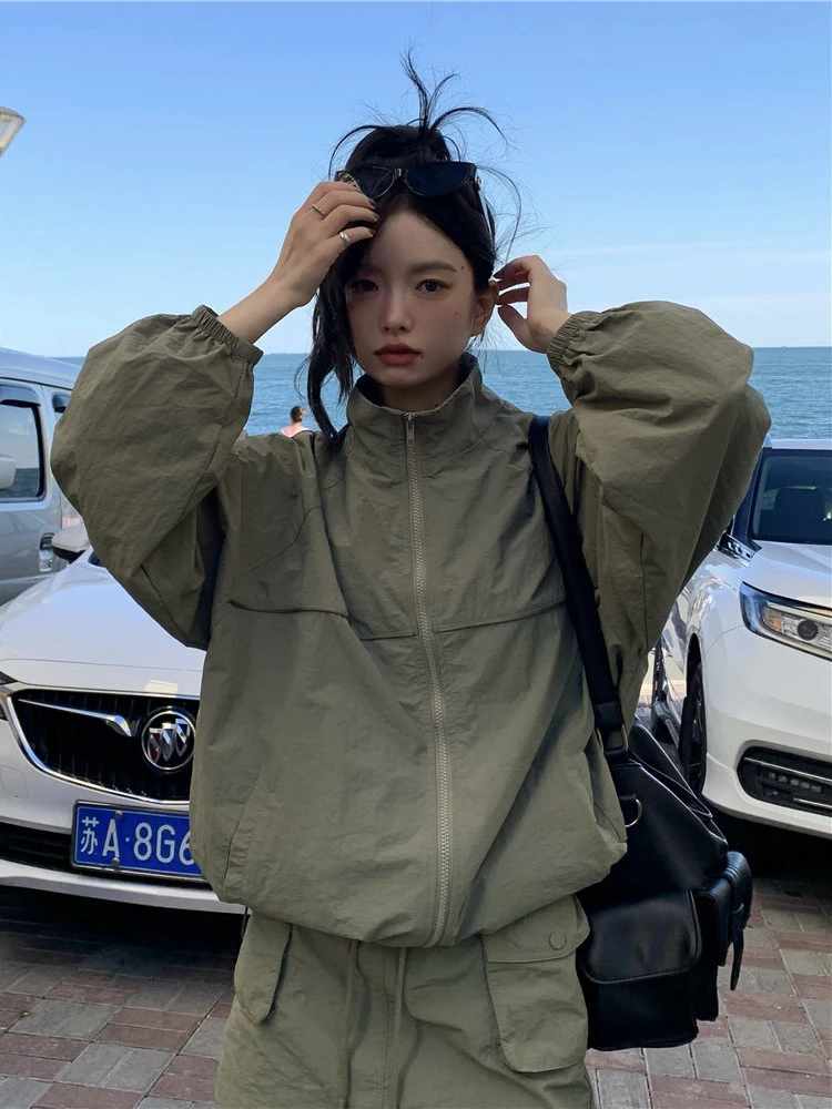 

Y2k Sports Punch Jacket Women Thin Loose Standing Collar Sun Protection Coat Mini Skirt Two Piece Set Korean Style Streetwear