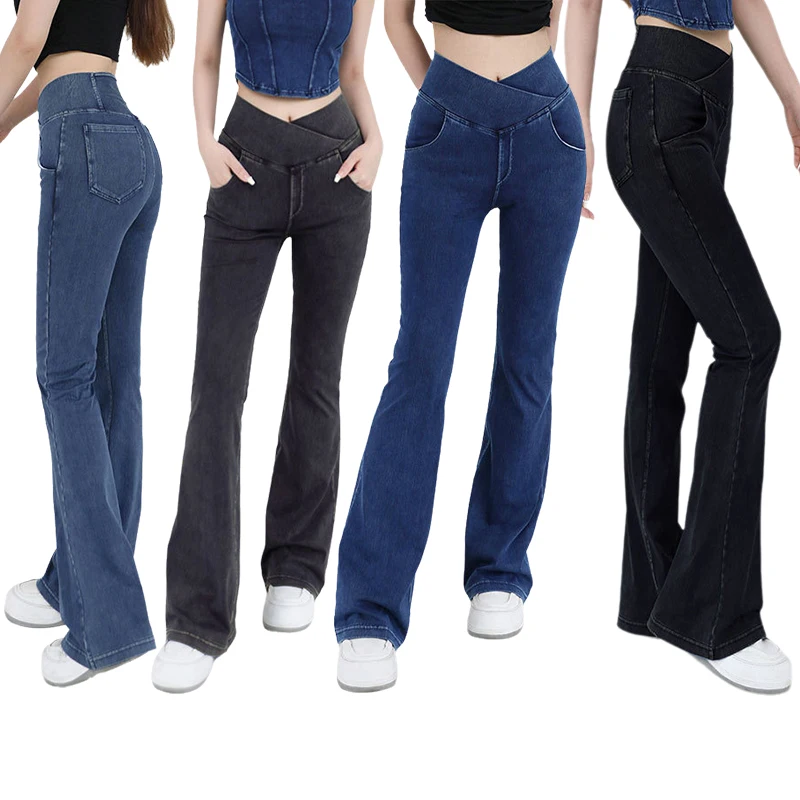 Women Yoga Flared Pants Casual Bell Bottom Trousers V Cross High Waist Gym Fitness Denim Jeans Elastic Butt Lifting Sport Pants