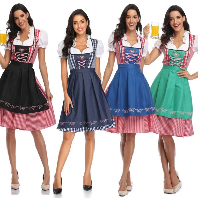 Women's German Beer Dirndl dress Apron Set Costumes Bavarian Oktoberfest Babe Bar Maid Carnival Red Plaid